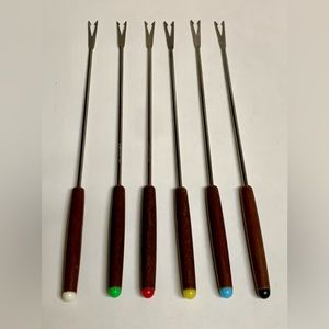 Set of 6 1960s Vintage Japanese Walnut Stainless Fondue Skewer Forks